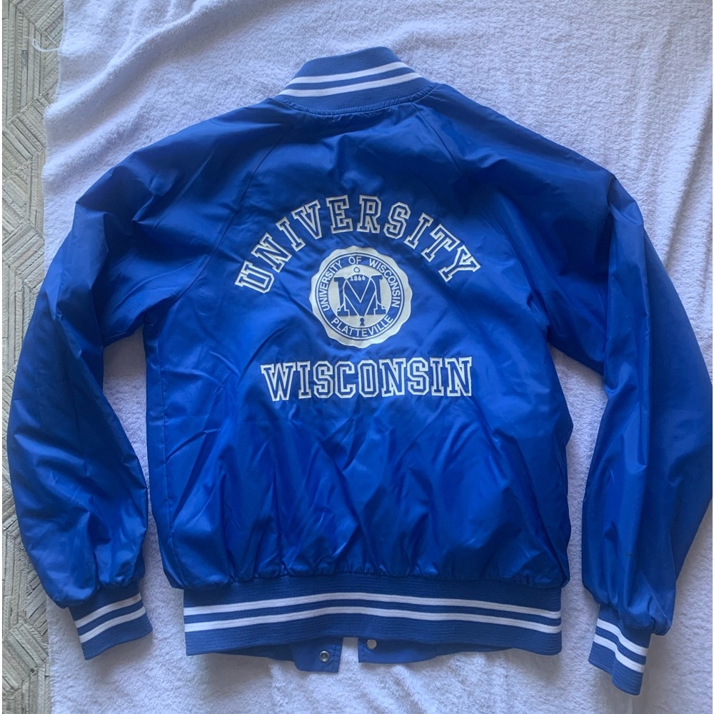 Bomber vintage style UNIVERSITY WISCONSIN PLATTEVILLE Blue Jacket Size SMALL